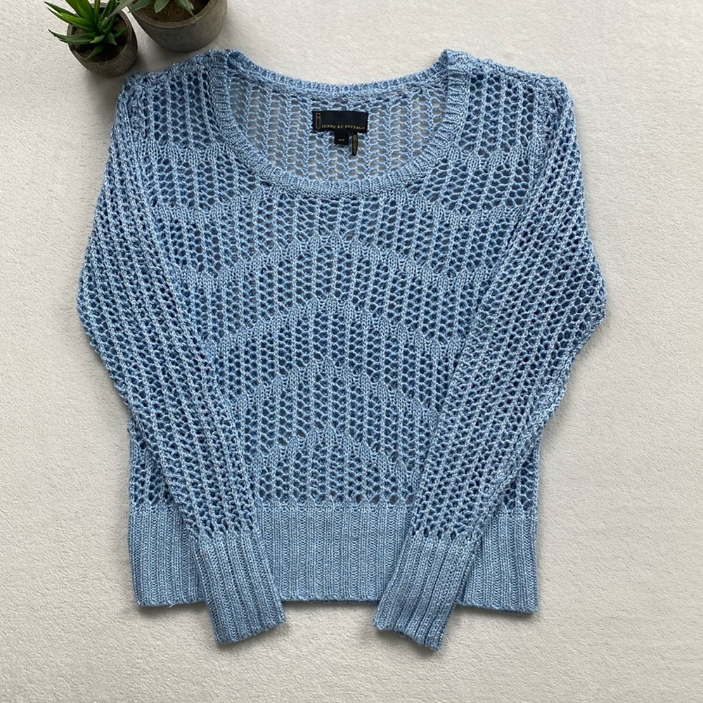 I Jeans By Buffalo Metallic Sparkle Loose Crochet Knit Sheer Scoop Neck Sweater